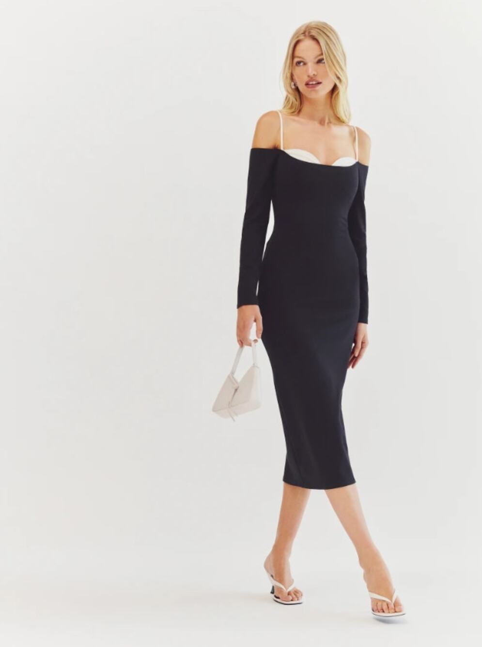 Reformation Graysen Black Contrast Bust Knit Midi Dress French Chic Resort
